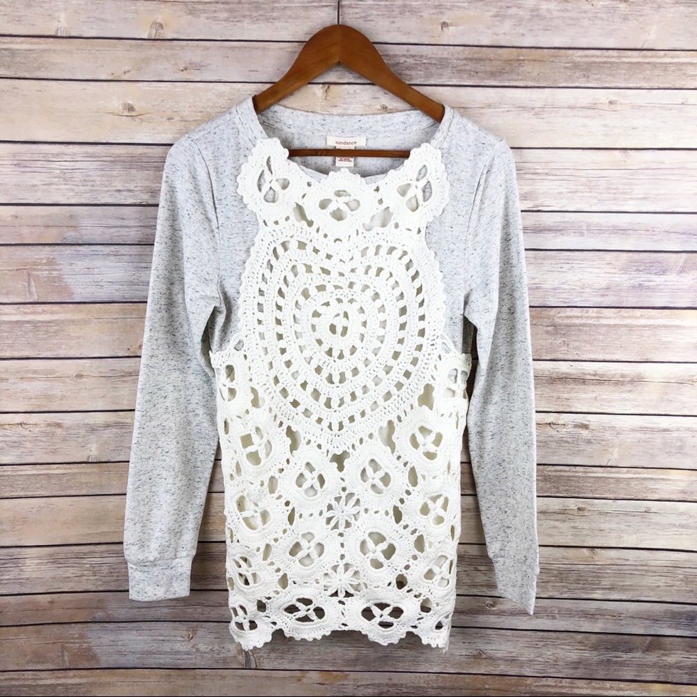 Sundance Crochet Lace Overlay Front Pullover Sweatshirt Top Size Small